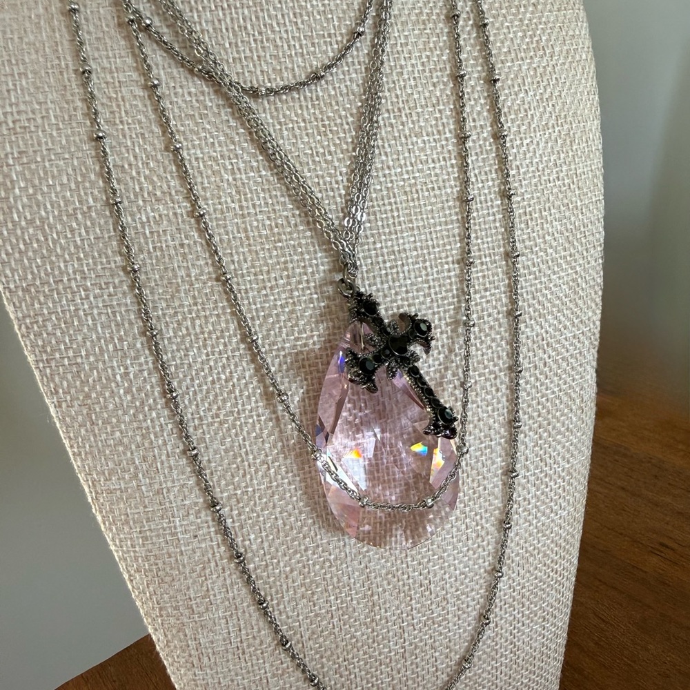 Silver Black Stone Cross and Pink Pendant Necklace
